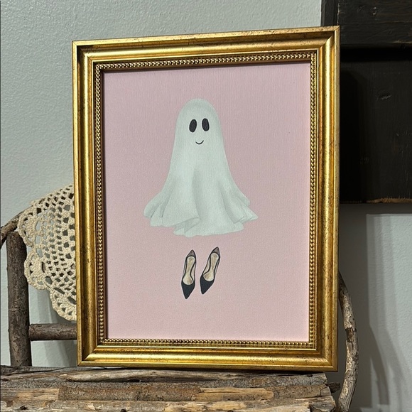 Framed Ghost with High Heel Shoes 8x10 Wall Art Pink Canvas Gold Frame NEW - Picture 1 of 10
